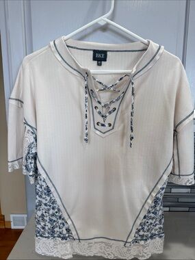 BKE Cream Lace-Up Tunic with Blue Floral Insets